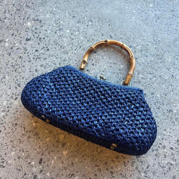 Made in Japan Women's Handbag Navy Blue Raffia Straw Bamboo Handle Vintage Purse - Picture 2 of 4